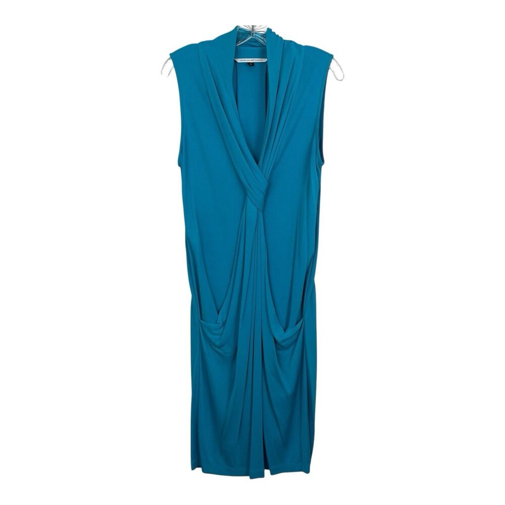 Diane von Furstenberg Baker Draped Dress Sz 6 Turquoise Blue Knot Ruched Fitted